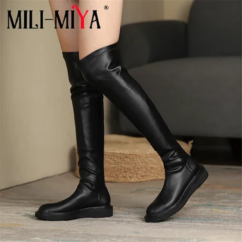 

MILI-MIYA Fashion Stretch Microfiber Women Boots Over-The-Knee Slip-On Solid Color Flat Heels Round Toe Plus Size 34-42 Handmade