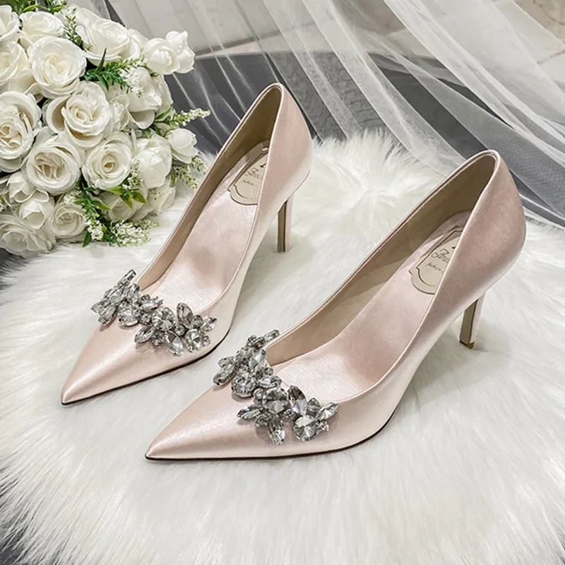 luxury rhinestone decoration silk wedding shoes high flower buckle party pumps shoes woman - AliExpress