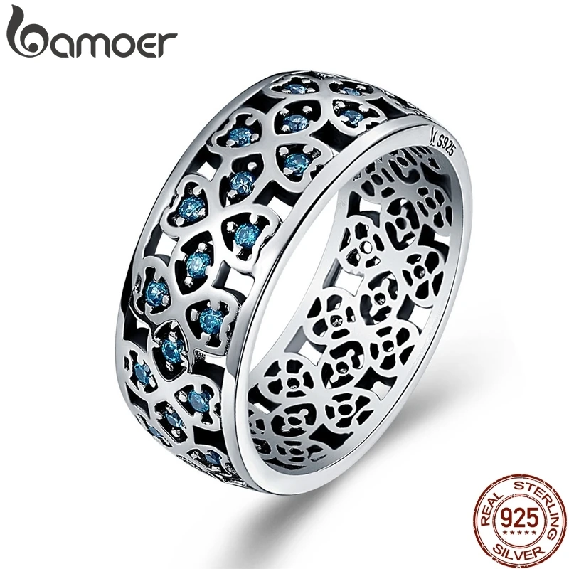 BAMOER 100% 925 пробы серебряные лепестки любви милый клевер синий CZ кольца на палец для