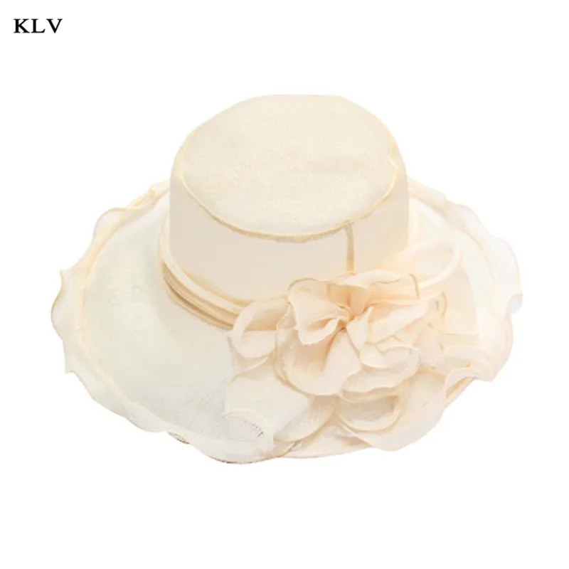 Beige(pure) Женская церковная шляпа от солнца с широкими полями, цветочный кружевной чай, вечерние, вуалетки, съемный цветок, оборки, регулируемая пляжная кепка D08E - Цвет: Beige(pure)