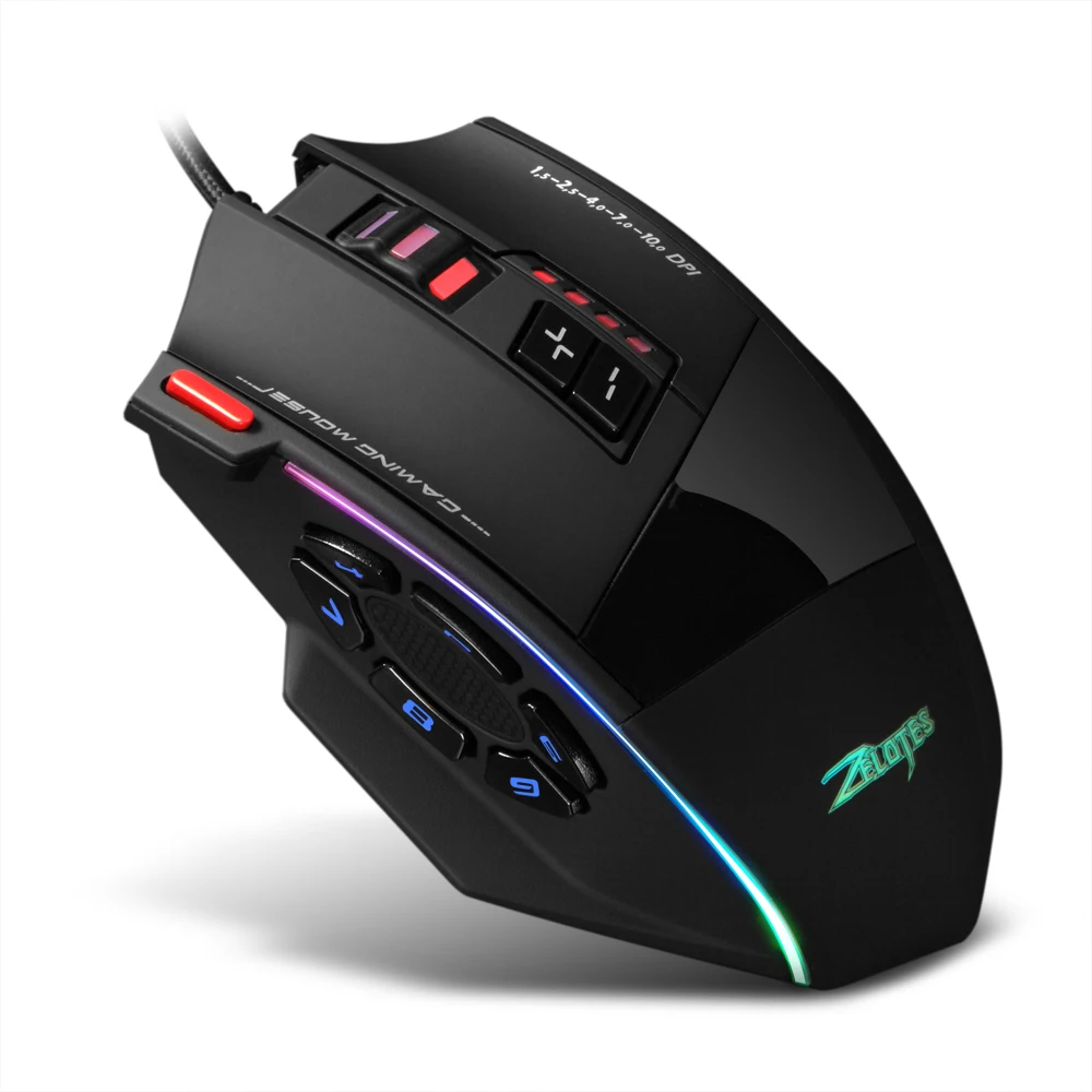 Zelotes C-13 Проводная игровая мышь 13 программирующих клавиш Регулируемый 10000 dpi RGB легкий ремень 128 Кб бортовой памяти противовес
