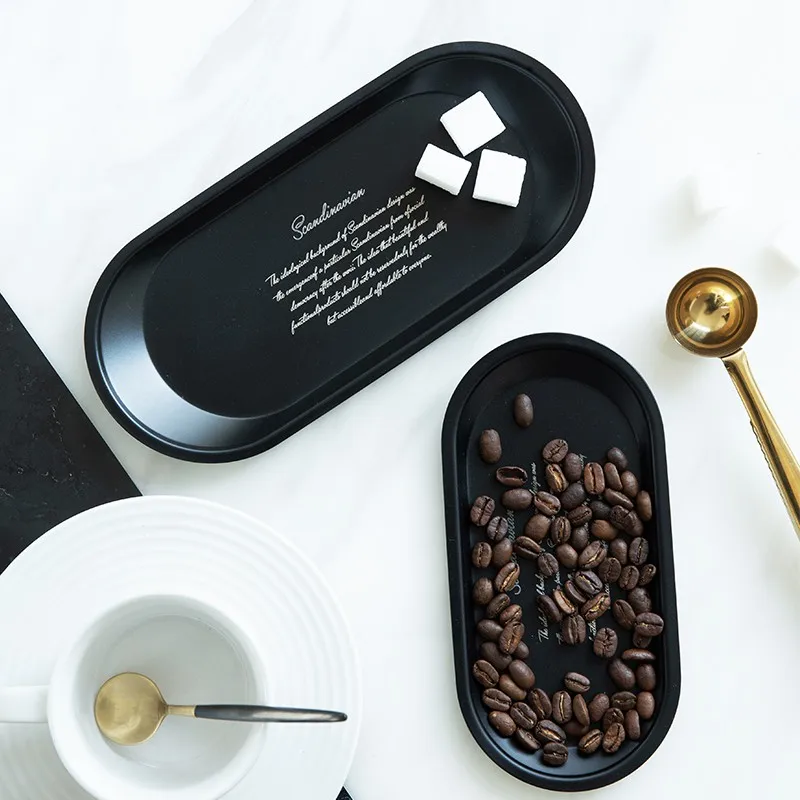 New Black Metal Storage Tray Oval Lettering Fruit Plate Small Items Jewelry Display Tray Mirror Storage Home