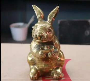 

Chinese FengShui Brass Copper Auspicious Yuanbao Money Lucky Hare Rabbit Statue