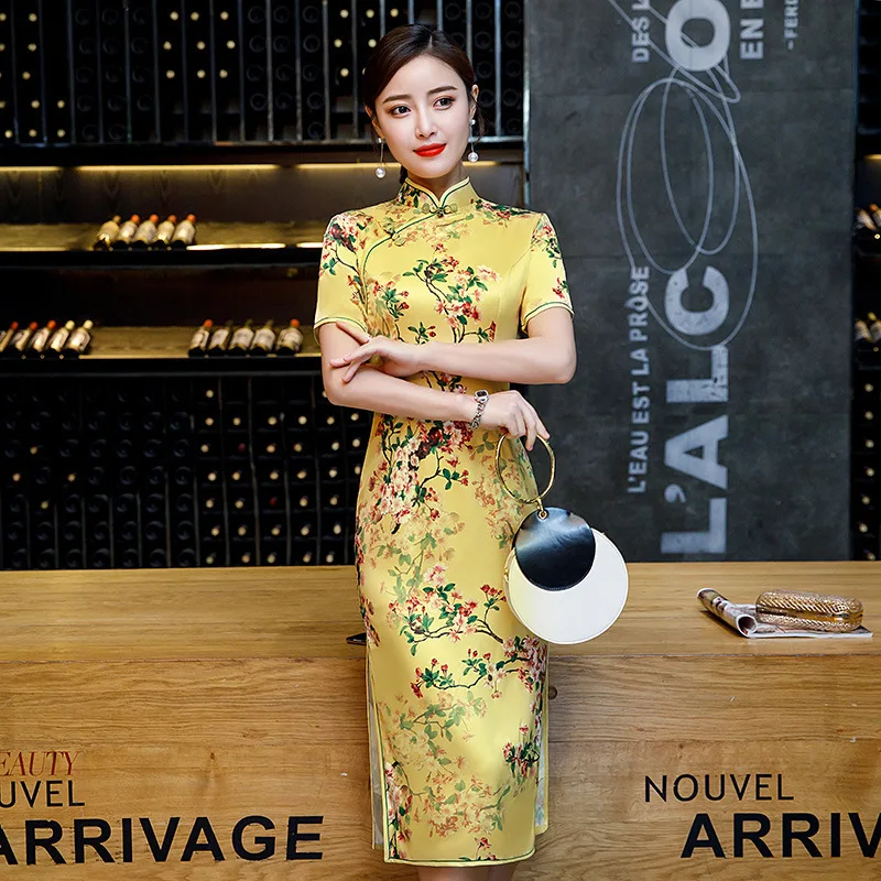 Sheng Coco 4 цвета желтый сексуальный тонкий классический Qipao новые цветы сливы Ципао для банкета китайское платье шелк плюс размер 4XL Винтаж Qi