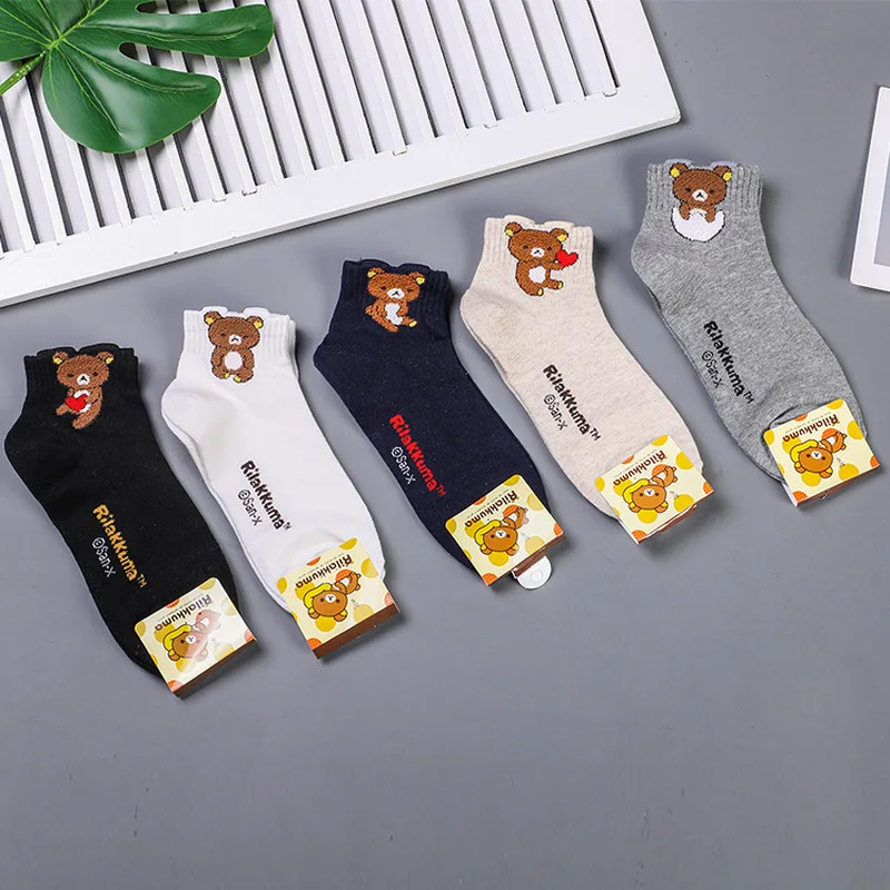 Женские носки в Корейском стиле с рисунком аниме рилаккума и надписью; модные забавные теплые хлопковые дышащие спортивные носки; сезон осень-зима