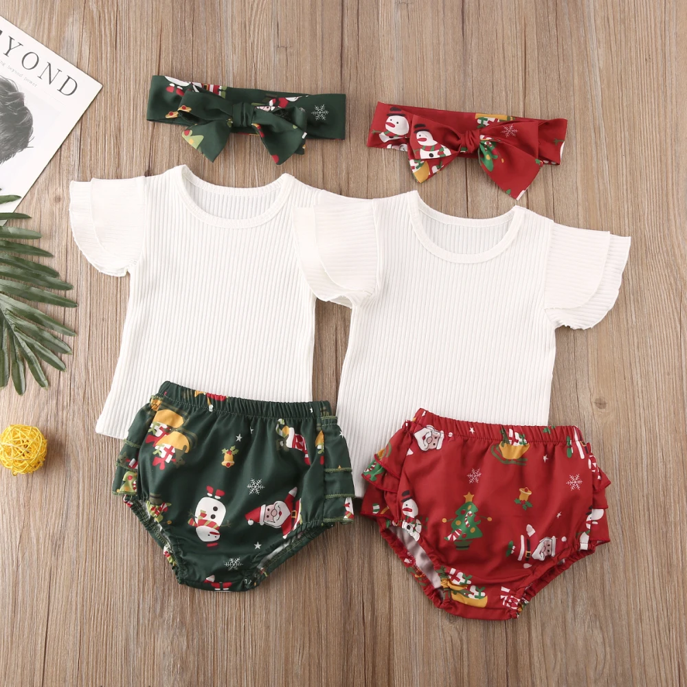 Изысканная одежда для девочек, одинаковая Рождественская футболка с короткими рукавами для маленьких девочек, юбка-комбинезон, комплекты с шортами