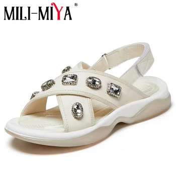 

MILI-MIYA Fashion Women Sandals Cow Leather&Crystal Hook&Loop Flat Heels Round Toe Solid Color Casual Summer Shoes Size 35-42