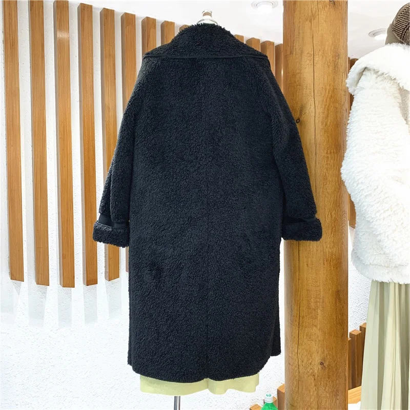 3 цвета, женская черная куртка из овечьей шерсти с отложным воротником, свободные пальто с длинным рукавом, верхняя одежда средней длины, Осень-зима, подходит ко всему