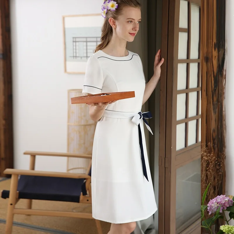 Мода короткий рукав белый Красота салон платье косметолога Корея Slim Fit больница рабочая одежда медсестры Для женщин униформа для сотрудниц спа-салонов
