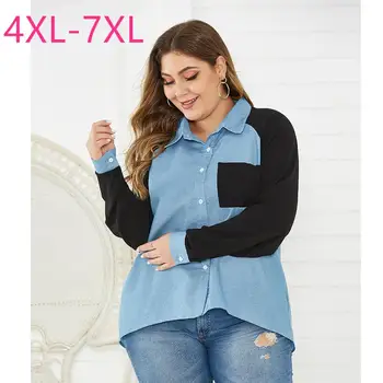 

New spring autumn plus size tops for women large blouse long sleeve casual loose blue denim pocket lapel shirt 4XL 5XL 6XL 7XL