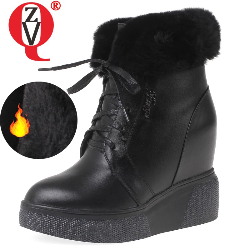 

ZVQ winter new warm genuine leather snow boots outside plush high heels platform cross-tied women shoes drop shipping size 32-40