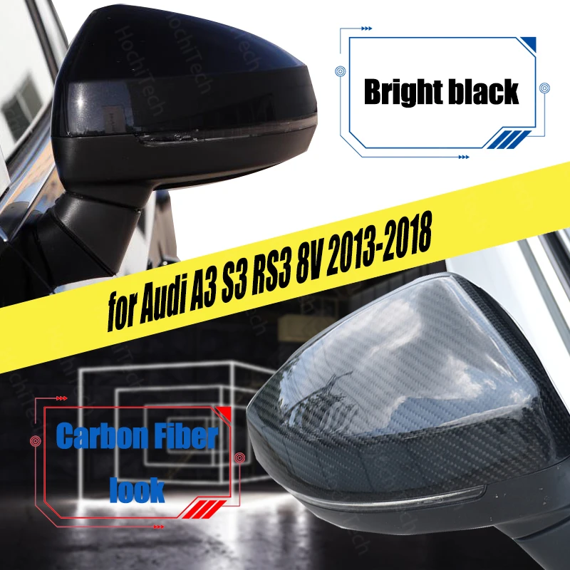 

2pcs Rearview Mirror Cover Caps Carbon Fiber Pattern Replacement for Audi A3 S3 RS3 8V 2013-2018 Bright Black Shell Accessories