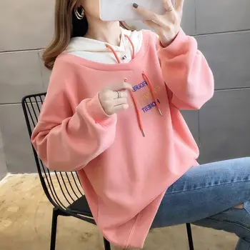 

Women's Letter Printing Fake Two-piece Splicing Collar Hoodie Autumn Winter Plus Velvet Thickening Large Size Loose Sweatshirt
