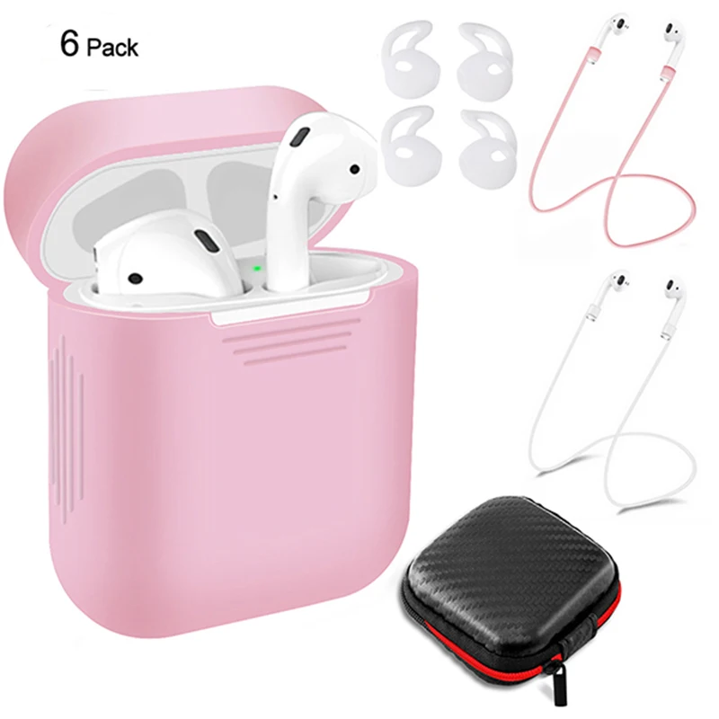 

6 Pcs/Set Silicone Protective Cover & Receiving box & Anti Lost Strap & Ear Cover Hooks for Apple AirPods Case