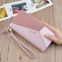 

Geometric Patchwork Leather Women Long Zipper Wristlet Coin Purses Female Tassel Design Clutch Forever Young Wallet Card Holder