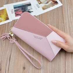 Geometric Patchwork Leather Women Long Zipper Wristlet Coin Purses Female Tassel Design Clutch Forever Young Wallet Card Holder