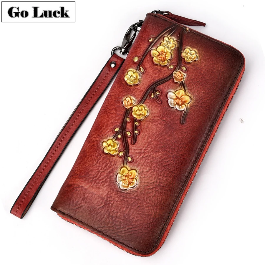

GO-LUCK Brand Genuine Leather Women Wristband Clutch Wallet Women's Long Zipper Cell Phone Punch Wallets Ladies Cardcase Purse