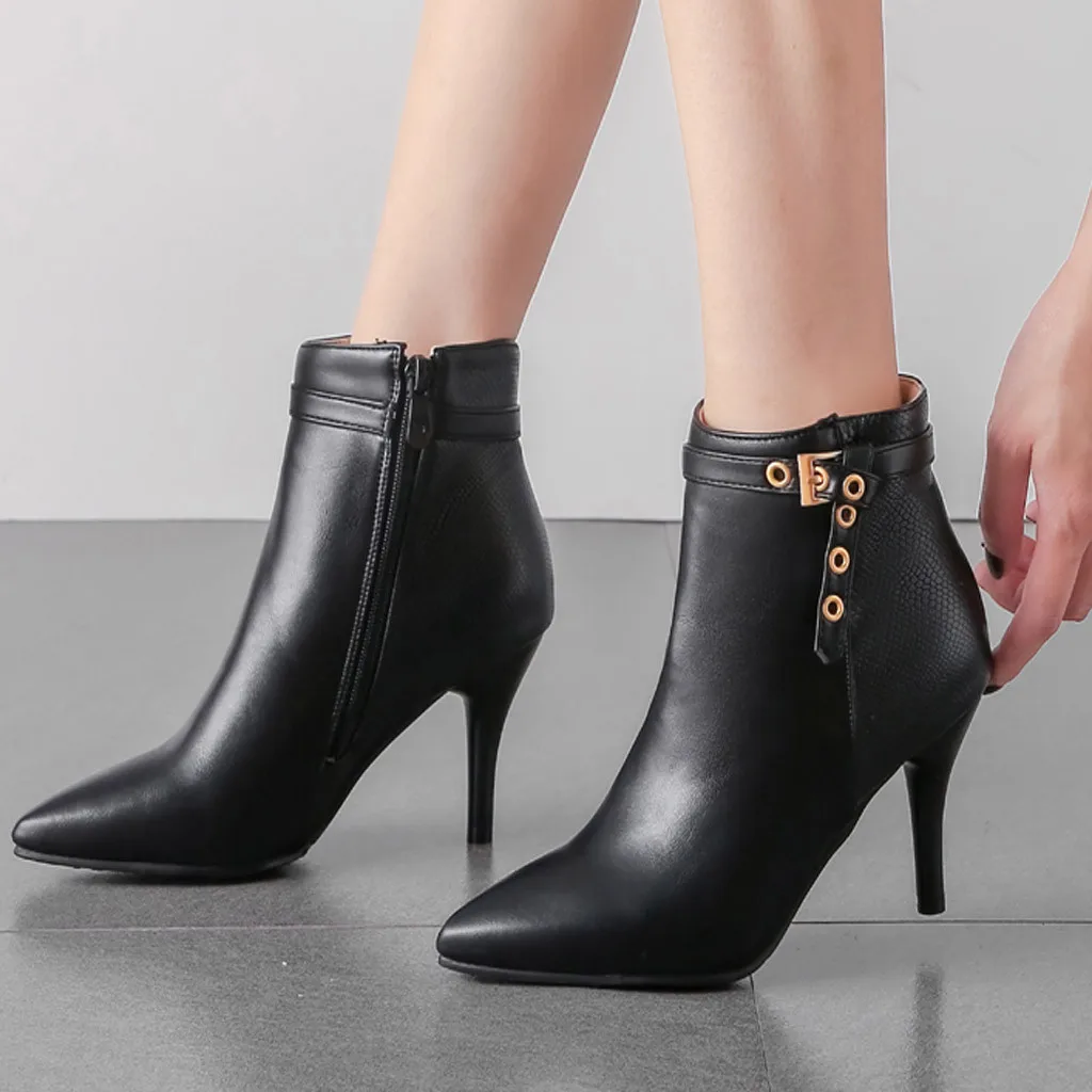 Ботинки с острым носком на тонком каблуке Женская обувь ботильоны для женщин из искусственной кожи короткие ботинки на молнии Botas Mujer