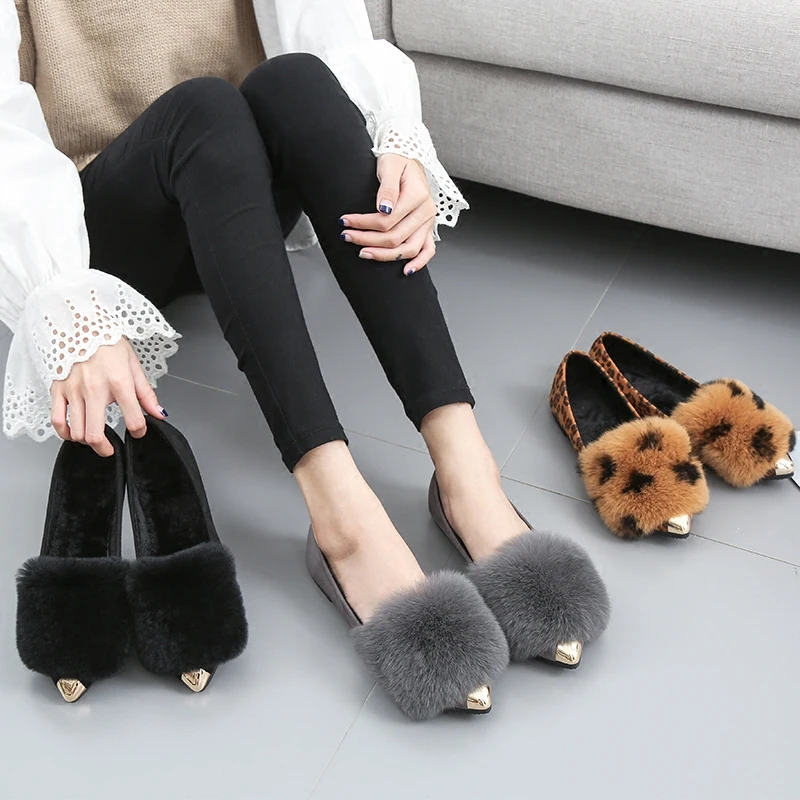 

Metal pointed toe rabbit hair flats leopard winter plush shoes 42/43 shallow furry woman loafers boat shoes casual footwear 2019