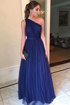 

Deep Blue Tulle Prom Gown One Shoulder Long Evening Dress