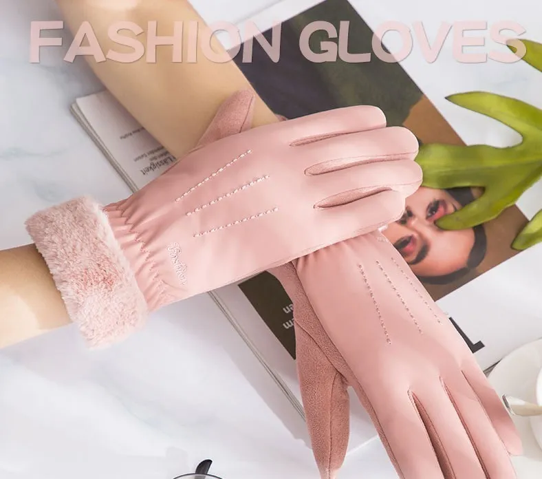 Girls Suede Gloves Cotton Fleece Warm Velvet Mittens Rider Driving Mittens Girl Touch Screen Luva Feminina Lace Flower Gloves