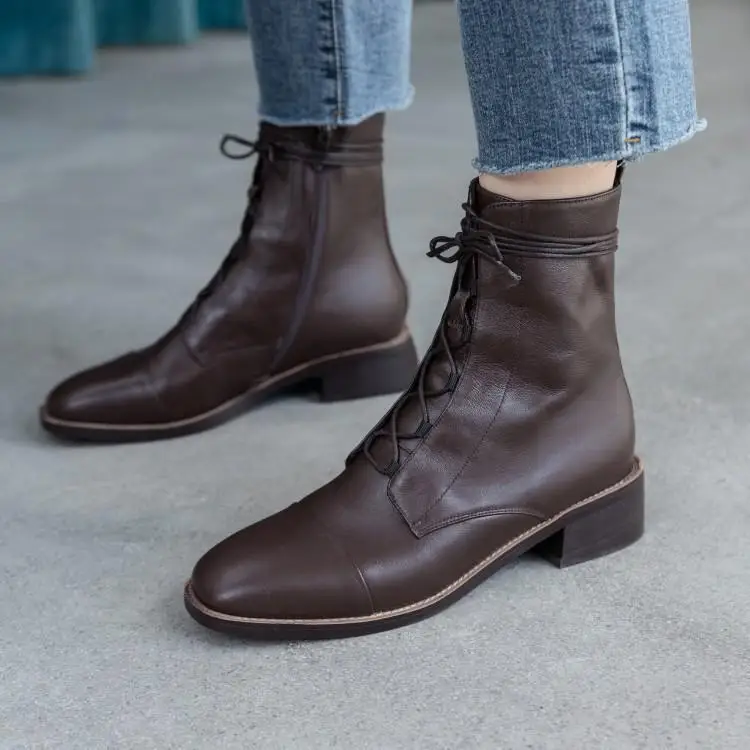 

Winter square with lace-up Martin boots with female leather boots, single side zipper head layer cowhide 4 cm
