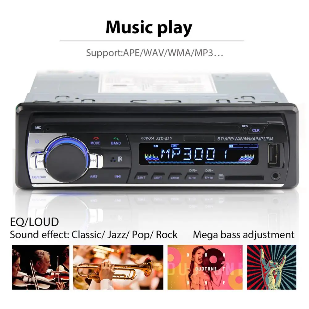 1 Din автомобильное радио JSD520 12V Bluetooth стерео в тире FM Aux вход поддержка Mp3/MP4 USB TF MMC WMA
