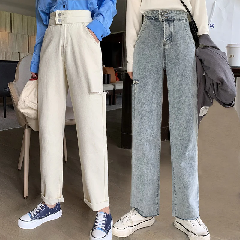 

Personalized Hole Pants Straight Pants Old Pants Nine Points Pants 2020 New Wave Korean Version of Loose Spring and Summer Women