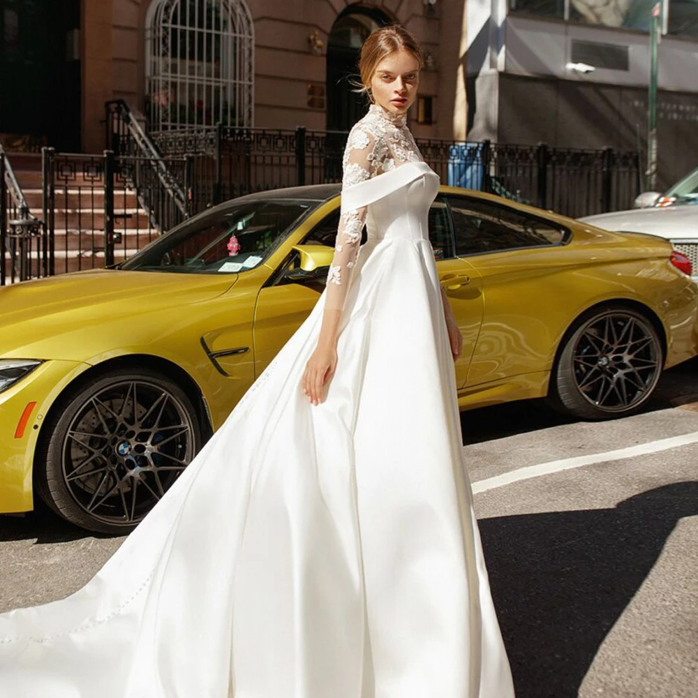 

Vestidos de Novia Long Sleeve Satin Wedding Dress High Neck Princess Hochzeitskleid Appliques Luxury Robe de Mariee Bridal Gowns