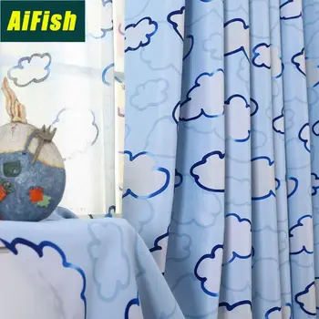 

Modern Country Style Curtain Window Screen Blue Sky White Cloud Cartoon Shading Cloth Gauze Living Room Bedroom w-TM-Y002