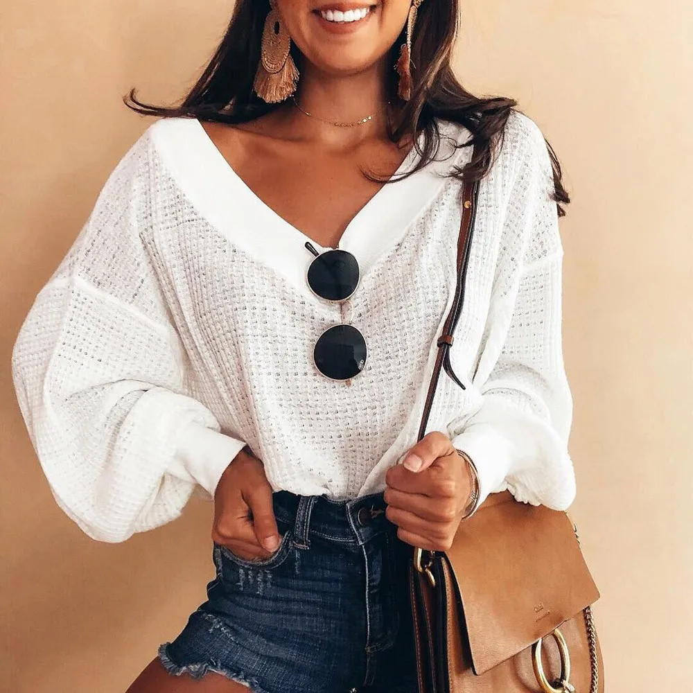 

Amolapha Woman Lantern Sleeve Knit Blouse V-Neck Long Sleeve Solid Jumpers Sweaters for Women 1.7