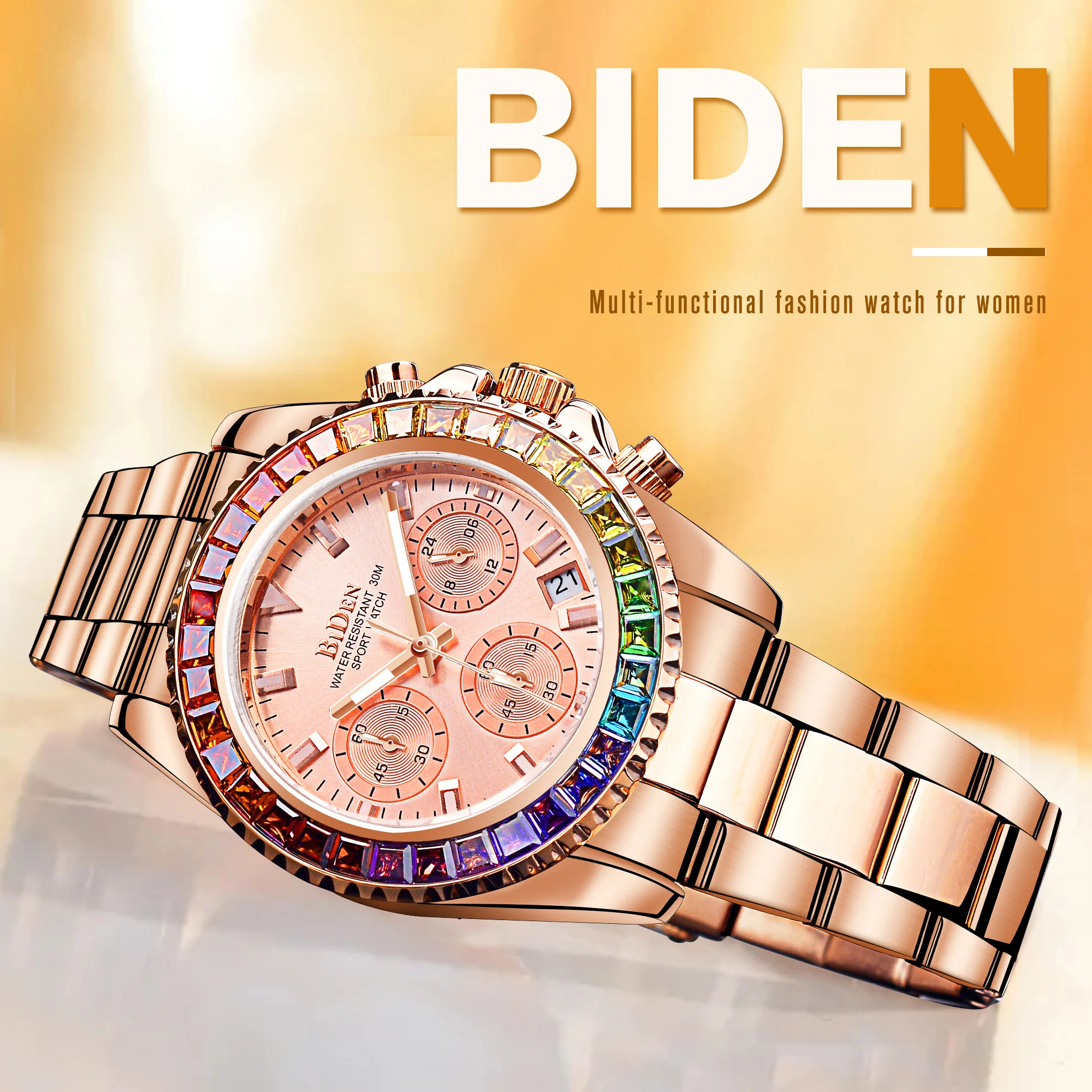 Biden Luxury Ladies Quartz Watch Diamond Women's Automatic Watches 3 Dial Wristwatches Fashion Clock Bracelet Zegarek Damski