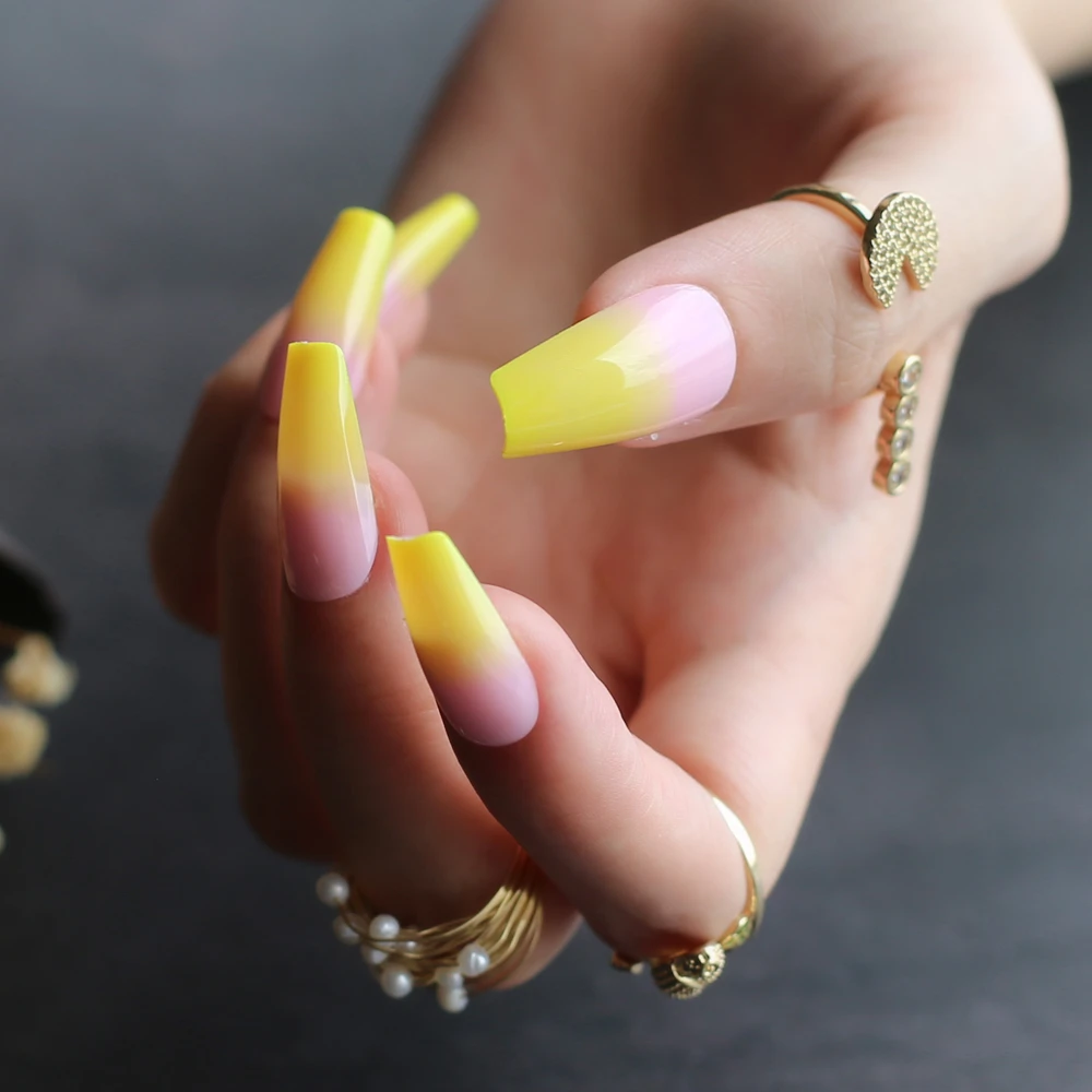 Long Coffin Yellow Ombre False Nails Summer Cute Pink Gradient Nails 24pcs Ballet False Nails Aliexpress