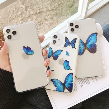 

Transparent Fashion Blue Butterfly Phone Case for Apple iPhone 11 Pro XR XS Max X 6 6S7 8 plus Clear TPU Soft Simple Coque Cover