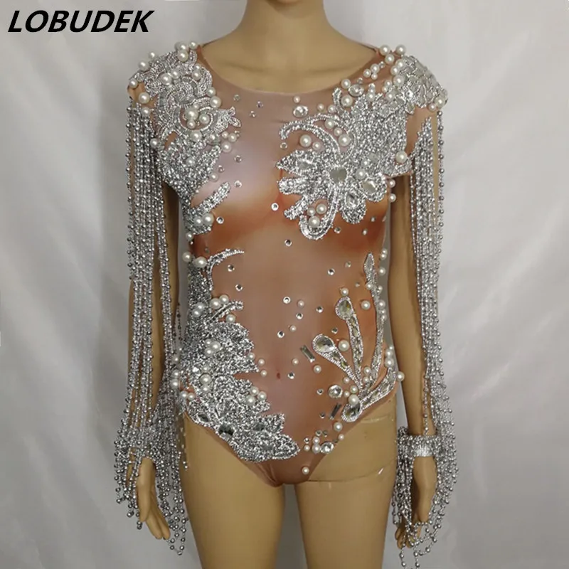 

Silver Rhinestones Pearl Bodysuit Beading Sleeve Fashion Women Singer Dancer DJ Concert Stage Wear Birthday Party Dance Costume