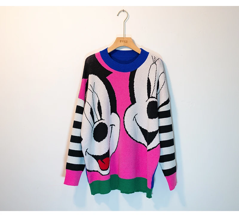 Женские свитера с рисунком узор контрастные цвета зимние вязаные пуловеры с длинными рукавами и круглым вырезом Femme уличный свитер Харадзюку CC001 - Цвет: Фуксия