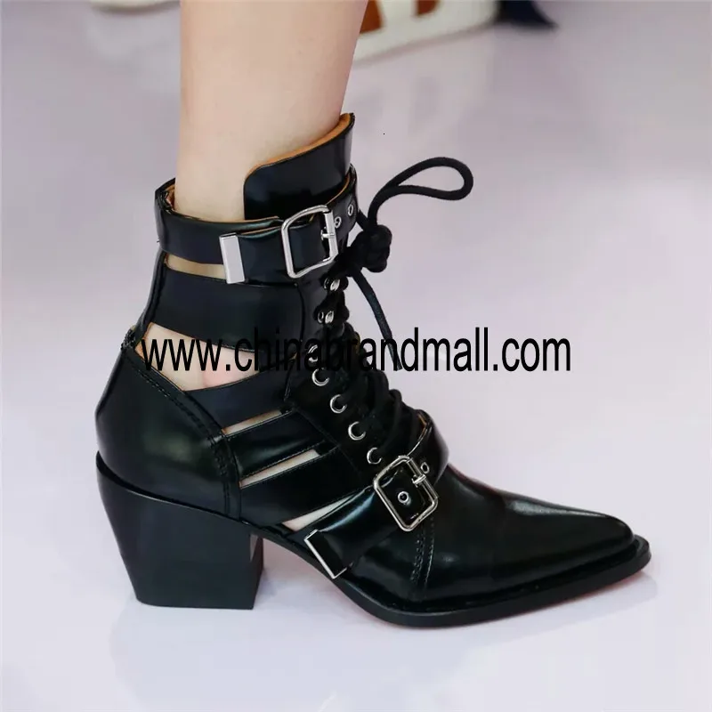 

Fashion Martin Thick Square Chunky Heel Lady Boots Patchwork Real Leather Pointed Toe Cut Out Shoes Lace Up Ankle Boots Women
