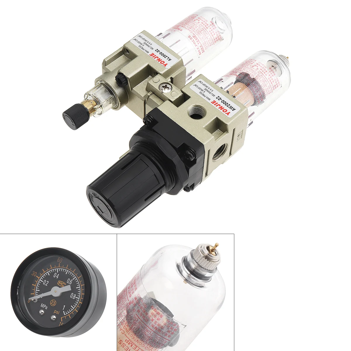 

AC2010-02 Air Compressor 0-1.0mpa Adjustable Two Union Oil Water Separator Regulator PT1/4(mm) Caliber with Gauge