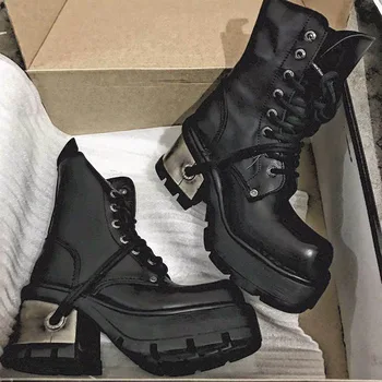 

Dark motorcycle short boots thick soled thick heeled boots punk minority metal high heel lace up women's boots