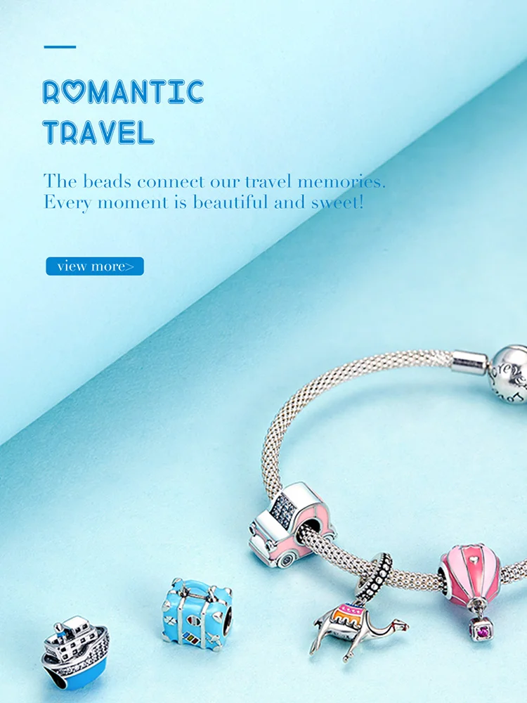 Travel Charms BISAER Hot Sale 925 Sterling Silver Travel Suitcase Box Beads Blue Charms fit Women Bracelets Jewelry ECC1377