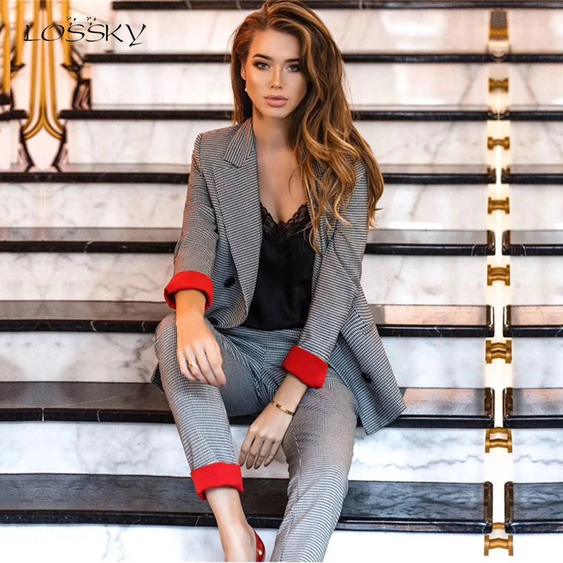 

Lossky Blazer Set Suits Women Autumn Fashion Russia Business Suit Elegant Lady Plaid Pantsuit Office Clothes Costumes Work Wear