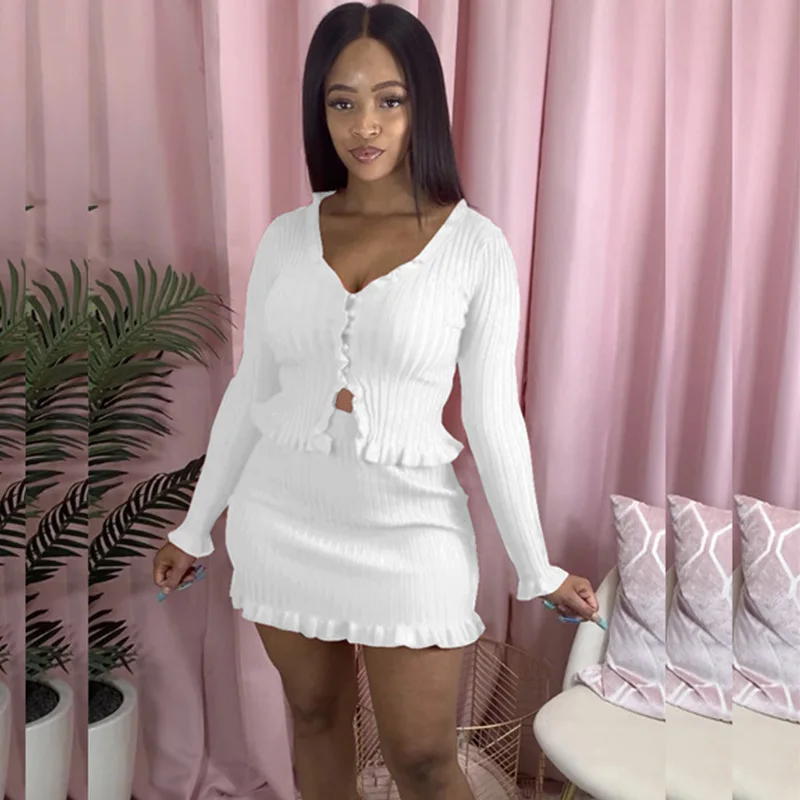 Ribbed Sexy Two Piece Skirt Set Women Clothes Fall Ruffle Crop Top Mini Knitted Bodycon 2 Club Outfits for |