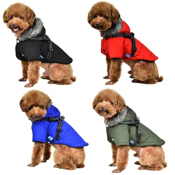 

Dog Solid Color Jacket Warm Zipper Design With Belt and Hat Dog Coat In Pet Autumn And Winter Cotton Dog Clothes Warm Dog Coat