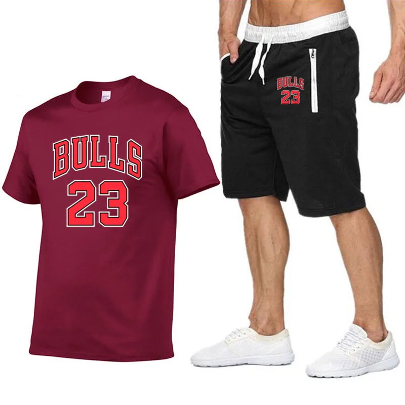 Jordan Новинка bull 23 футболка шорты наборы мужские с буквенным принтом летние костюмы Повседневная мужская футболка брендовая одежда streetwar топы Мужские - Цвет: Wine red-black