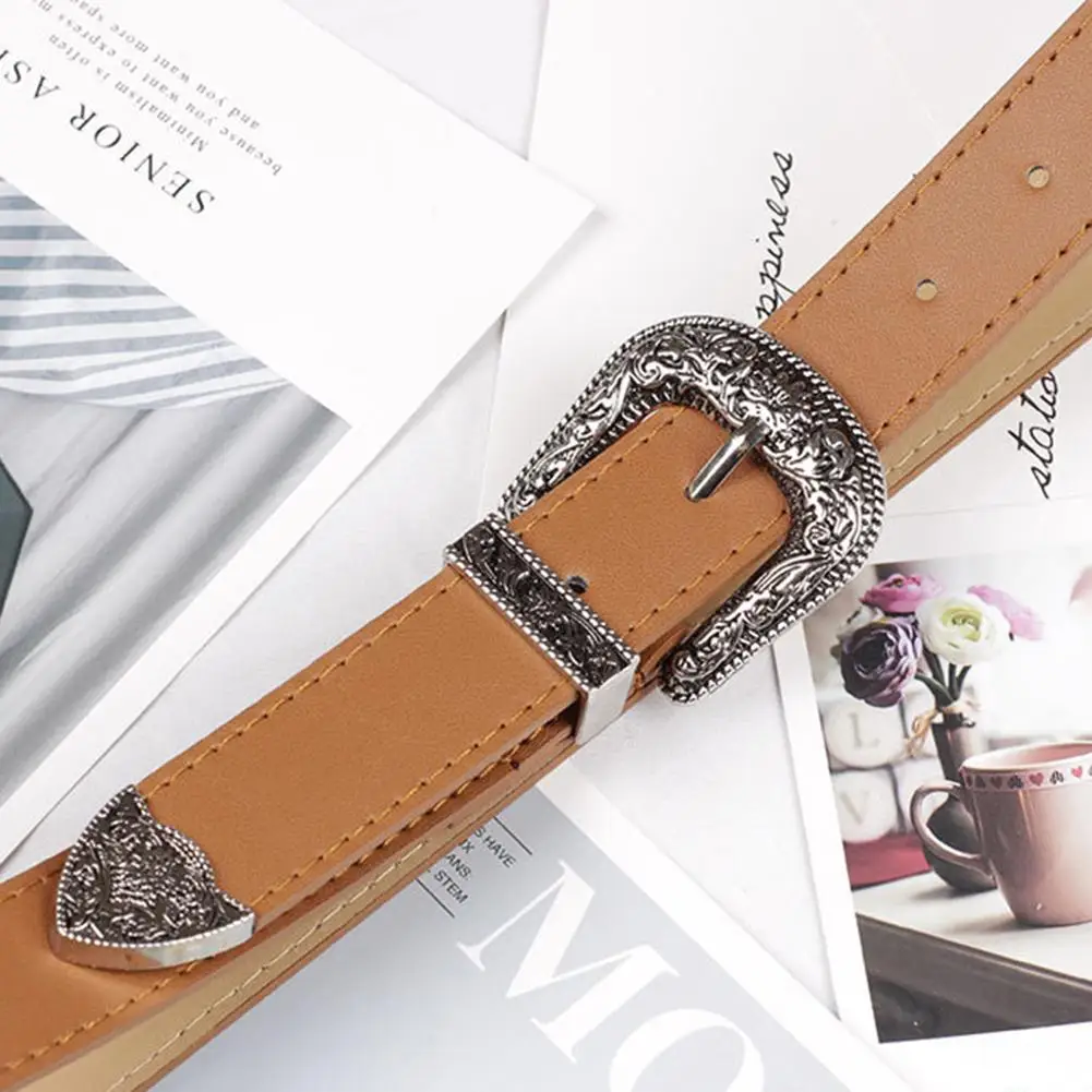 Leather Belt Women Metal Heart Buckle Waist Belt Vintage Carved Ladies Belts Waistband Western Design Fashion Waist Belt