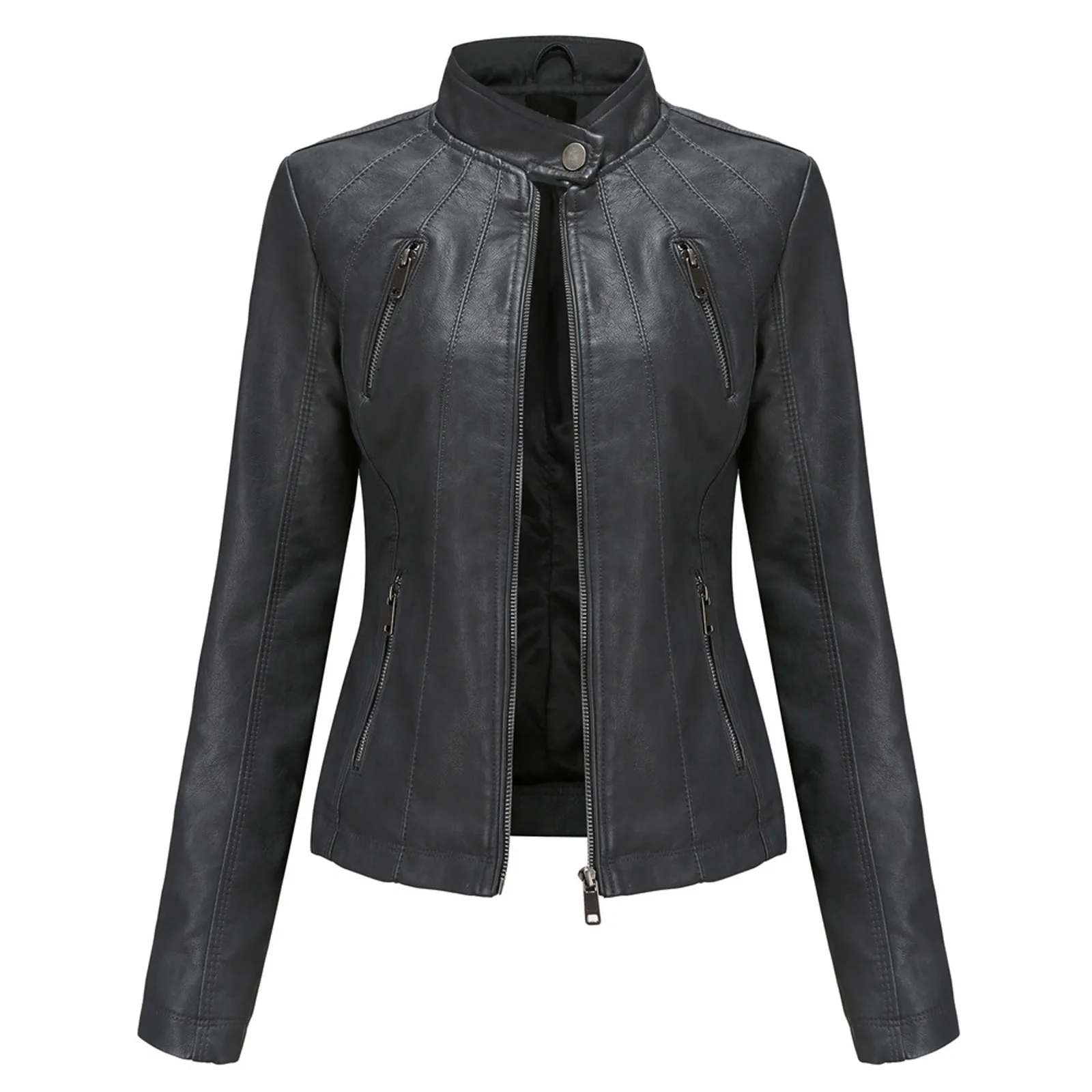 Spring Autumn Women Faux Leather Jacket Women's Slim Leather Stand-Up Collar Zipper Stitching Solid Color Jacket Biker Coat 2
