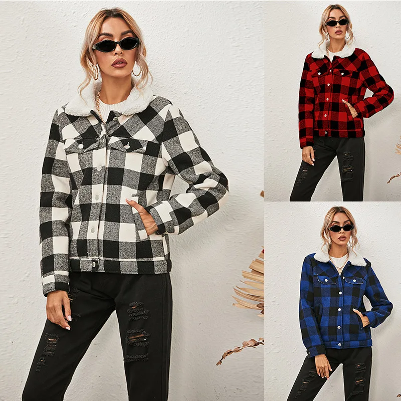 

Design 2020 winter Plaid fur collar plush cotton padded coat for women