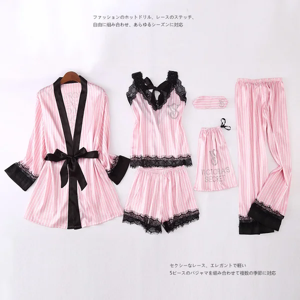 

Missyou Pink Striped Pajamas Silk Satin Femme Pajama Set 7 Pieces Stitch lingerie Robe pyjamas Women Sleepwear