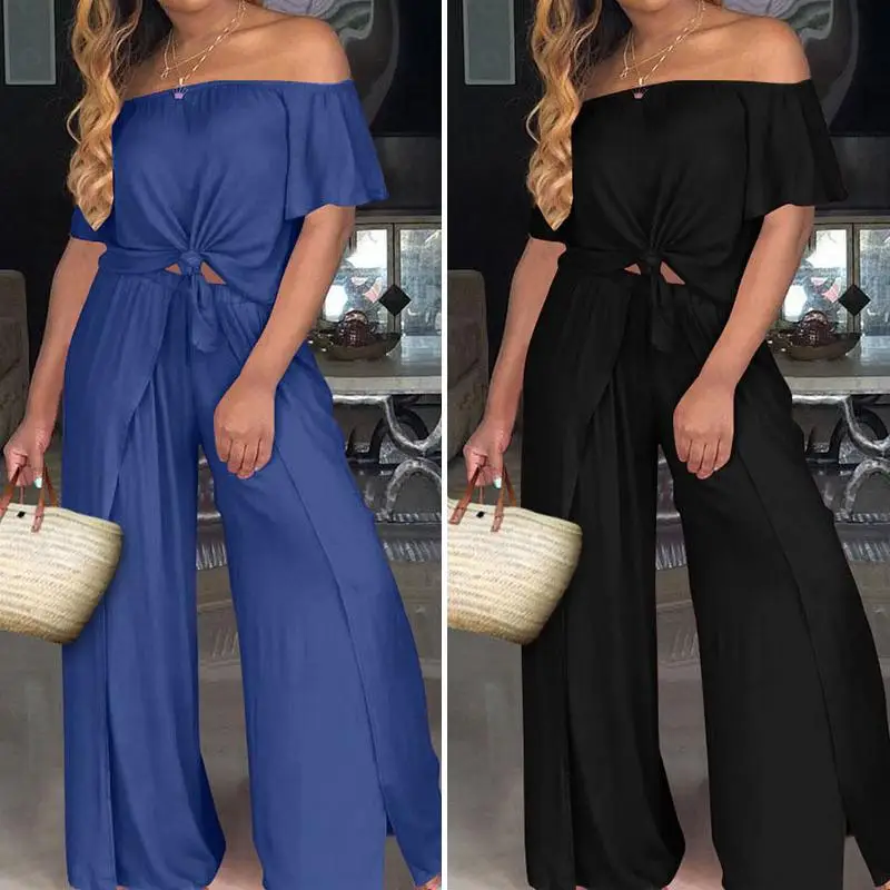 

Plus Size Women Sets Summer Wide Leg Pants With Tops 2020 Female Off Shoulder Tops Blouse Casual Loose Bottoms Women' Clothing