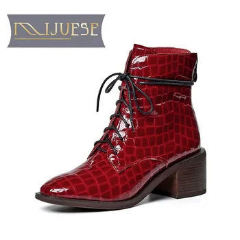 

MLJUESE 2021 women Ankle boots Cow leather Winter short plush Square Toe Zipper Lace-Up High heels female boots size 42
